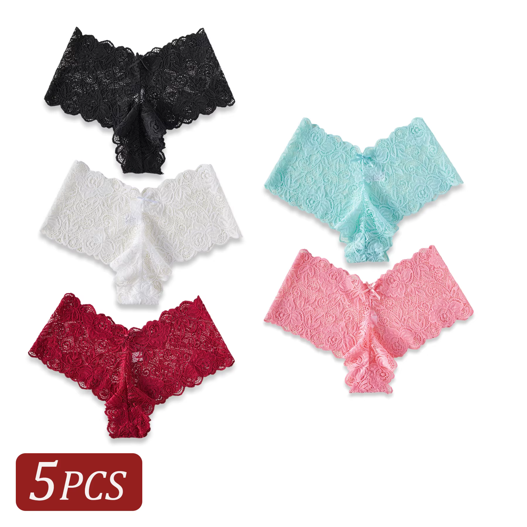5 pièces femmes col en v culottes élégantes dentelle imprimé caleçon couleur unie taille basse nœud 