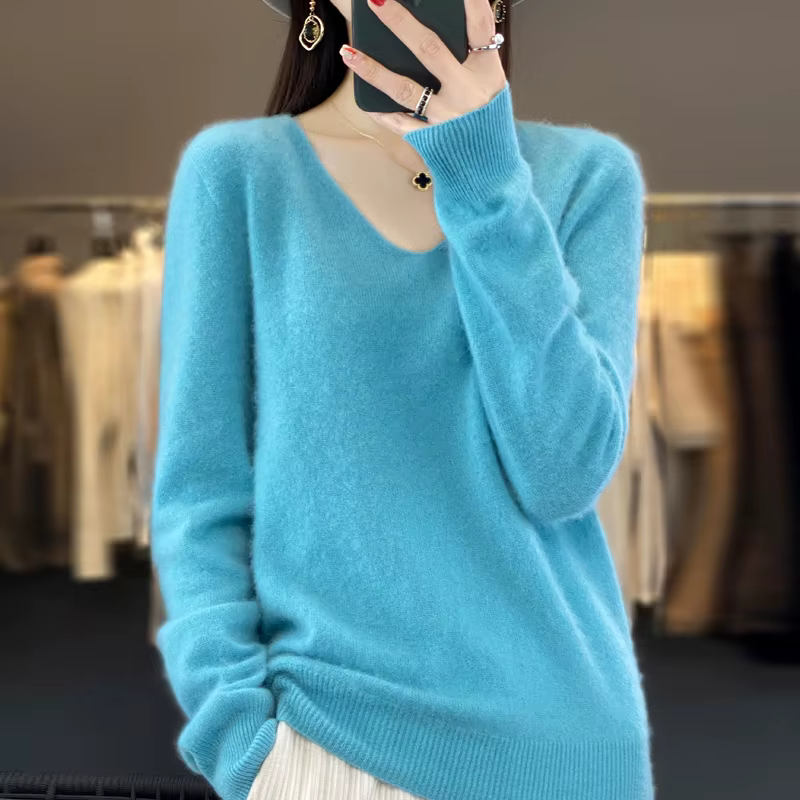 Pull en cachemire à col en V pour femme, 100% laine mérinos, pull basique, manches longues, tricots 