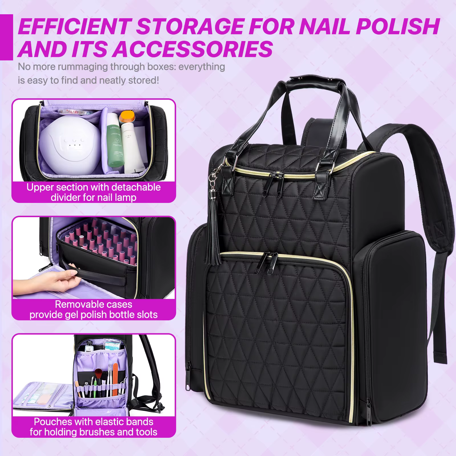 Sac à dos organisateur de vernis à ongles, multi-compartiments, pour accessoires de manucure, outils