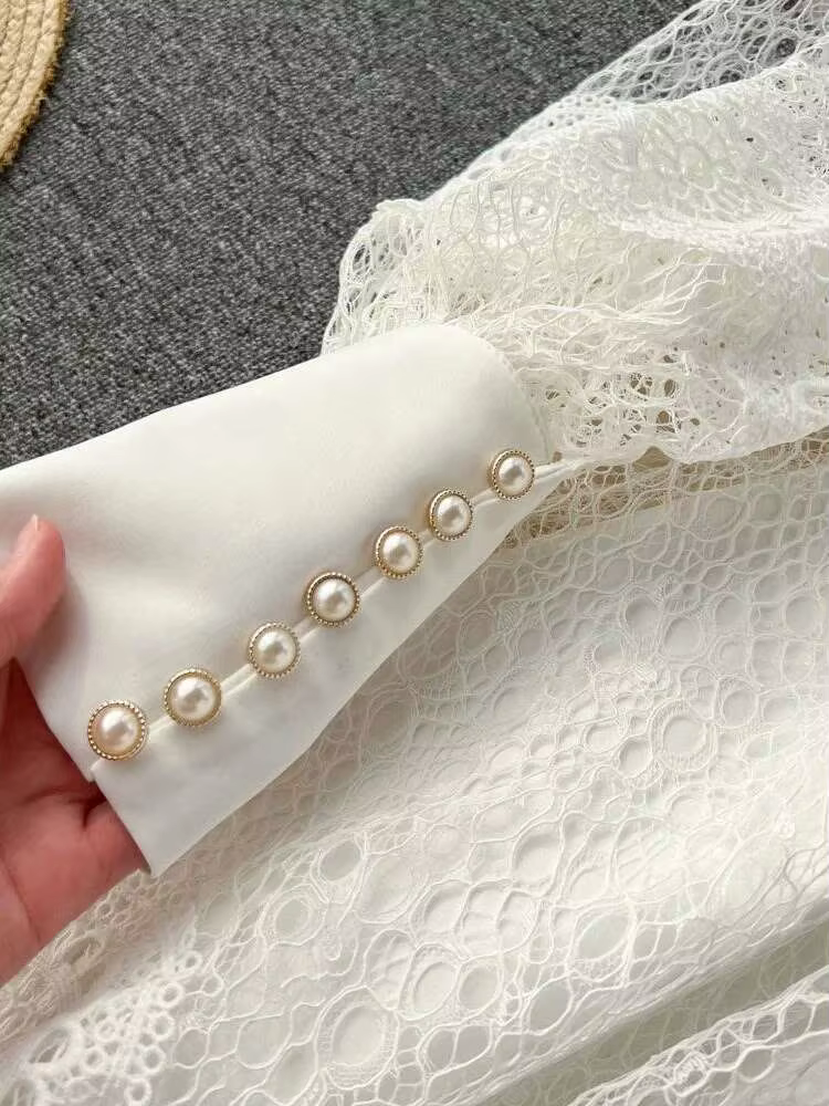 Robe blanche en dentelle ajourée pour femmes, Vintage, broderie de fleurs, col montant, manches long