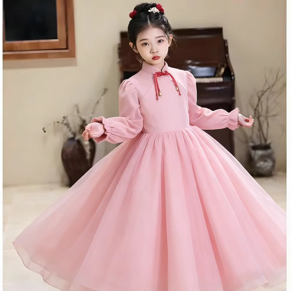 Robe de soirée formelle vintage bordeaux à manches longues pour filles, robe de princesse florale po