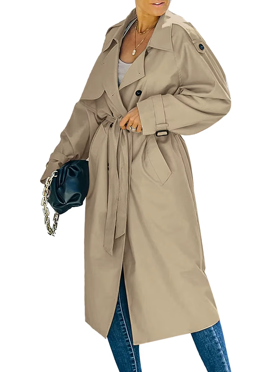 Trench-Coat Long à Double boutonnage pour femme, coupe-vent classique à revers, manches longues, par