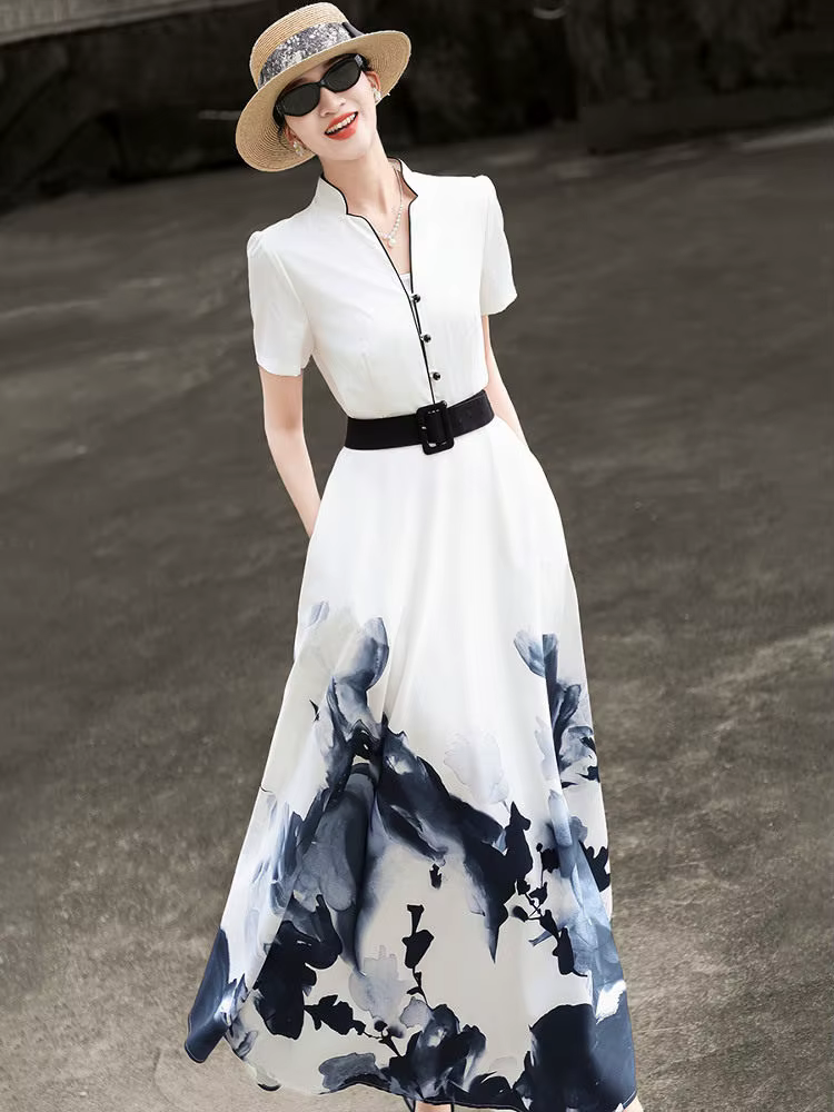 MEXCOCO 2026 Nouvelle collection été – Robe évasée élégante à manches courtes imprimé peinture à l'e