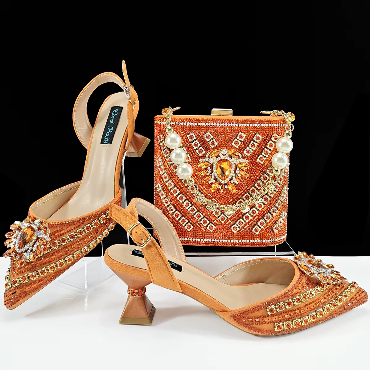 Queena Yan Design italien strass bout pointu chaussures à talons hauts et sac assorti ensemble chaus