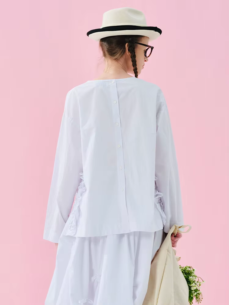 Imakokoni 2025 printemps Original coton lavé dentelle col rond chemise 244929