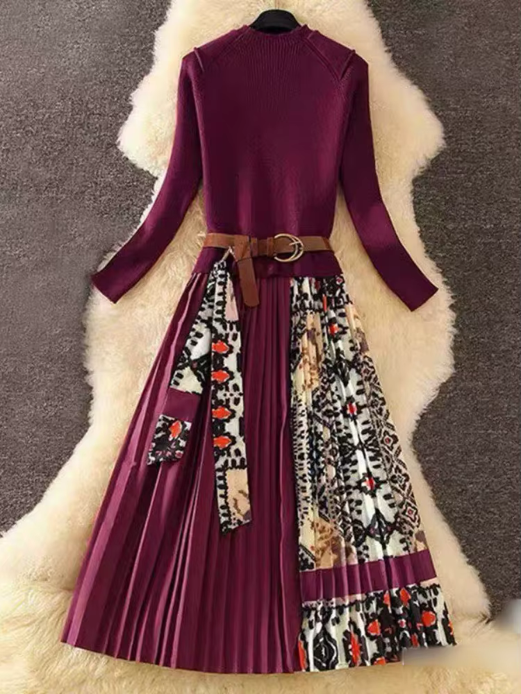 SMTHMA Nouvelle Robe Longue Femme Tendance Européenne en Maille Patchwork, Col Montant, Manches Long