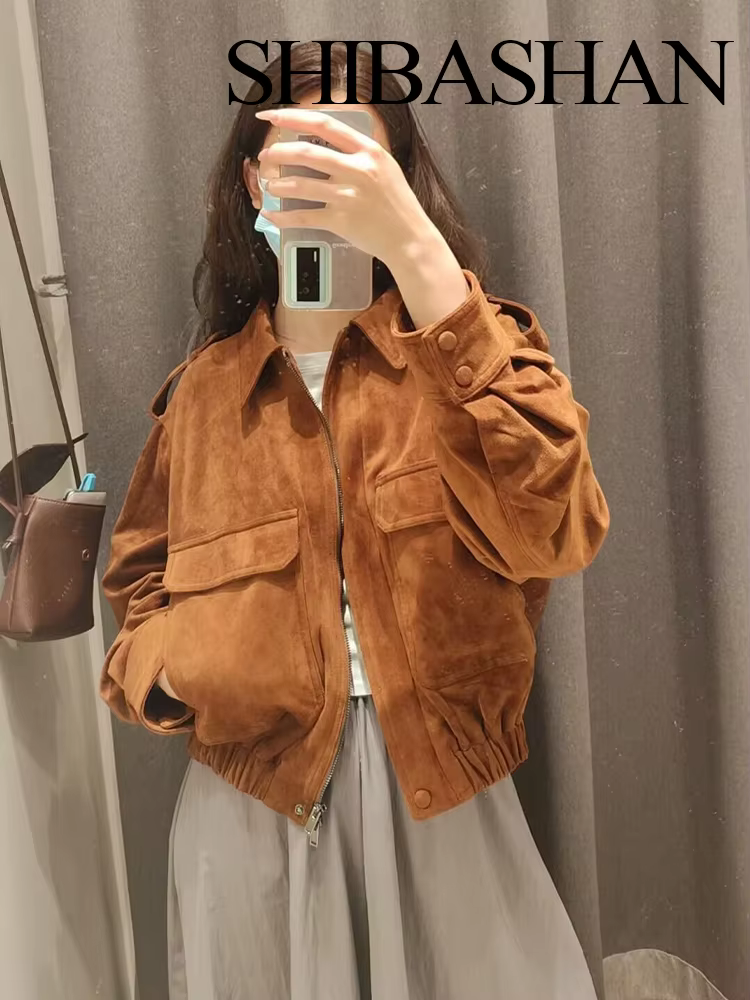 HH femmes 2025 automne mode polyvalent daim revers à manches longues manteau femme haute rue ample d