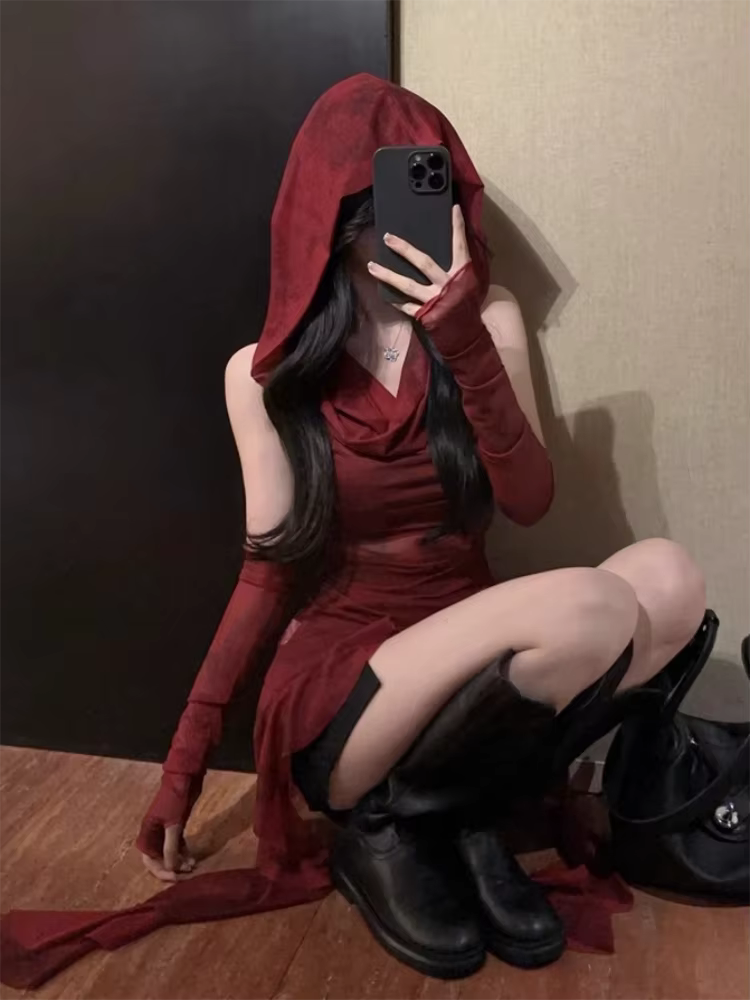 Haut transparent en maille rouge, Streetwear, T-shirt à capuche, manches longues à volants irrégulie