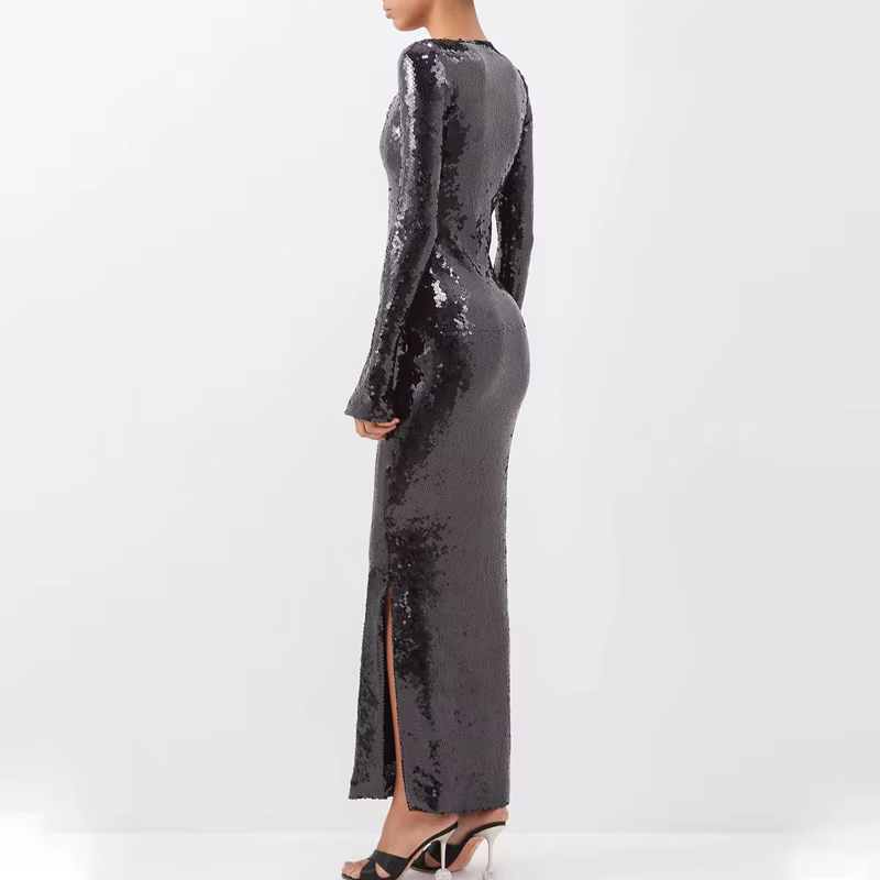 Robe de soirée sexy à sequins pour femmes, col en V, manches à clapet, jupe avec ourlet fendu, boîte