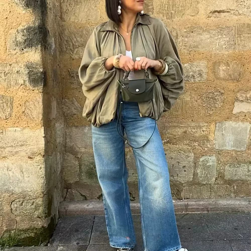 KONDALA High Street Satin Bomber vestes femmes longue lanterne manches fermeture éclair surdimension