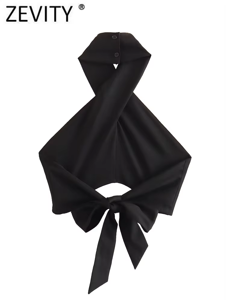 Zevity femmes Sexy sans manches dos nu nœud noué noir licou Blouse Femme sangle croisée chemise cour