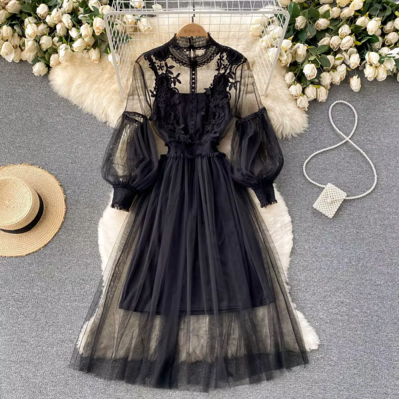 Robe longue en dentelle à fleurs et maille, manches lanternes, blanche, pour femmes, tenue de soirée