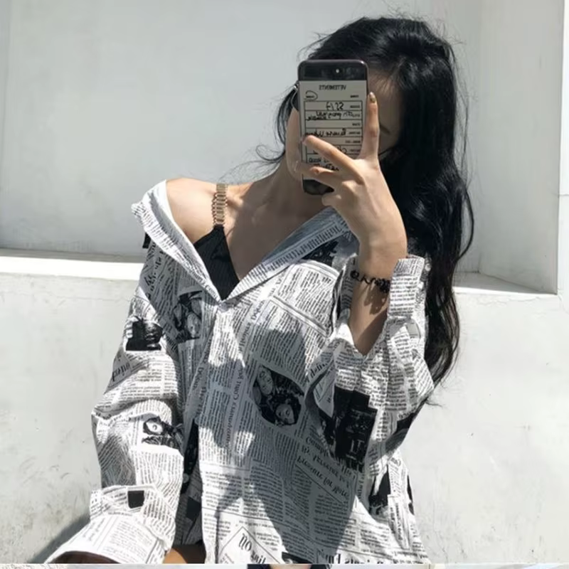 Gidyq-Chemises en mousseline de soie pour femmes, streetwear décontracté coréen, imprimé journal, mo