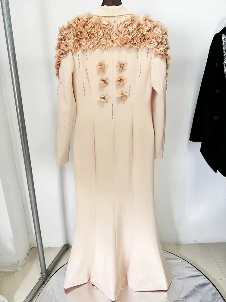 Haute qualité nouvelle mode 2025 Designer Maxi robes femmes à manches longues superbes fleurs Appliq