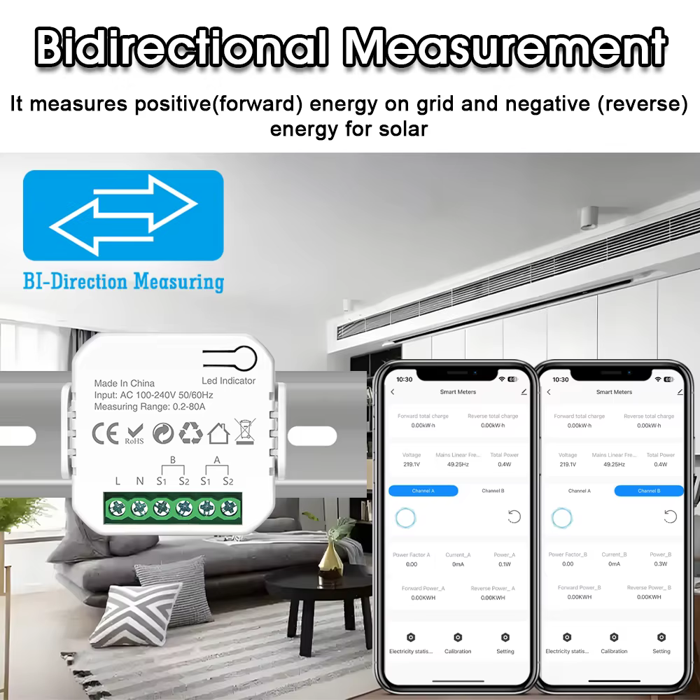 Compteur d'énergie intelligent WiFi Tuya avec pinces 1/2 CT pour système solaire photovoltaïque, sur