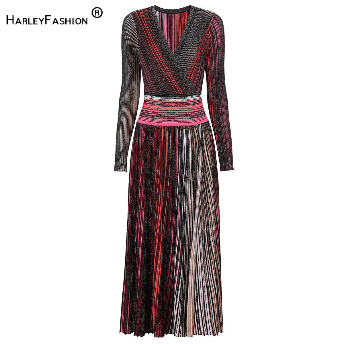 Robe longue trapèze en tricot rayé pour femme, nouveau Style élégant, Slim, ajusté, col en v, manche