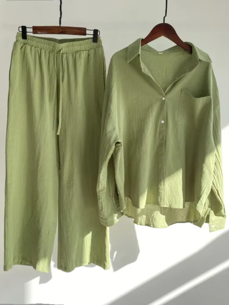 Costume chemise en coton et lin pour femmes, nouvelle tendance, taille haute, pantalon ample, ensemb