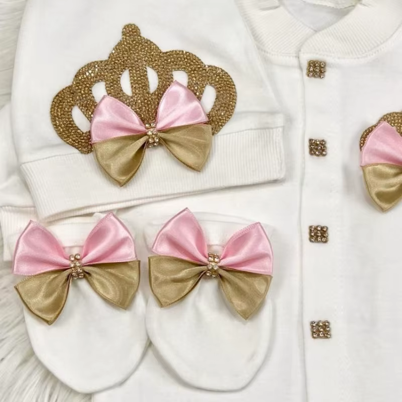 Combinaison à jambes longues pour nouveau-né 0-9 mois, ensemble de 4 pièces, blanc, rose, or, couron