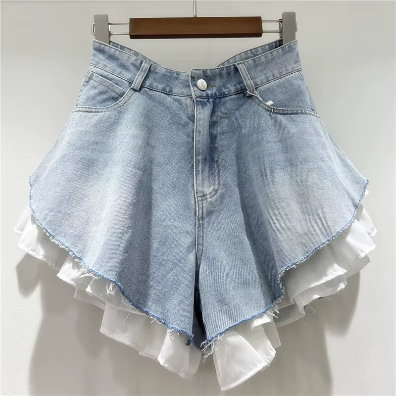 WTHT nouvelle mode femmes Patchwork ourlet lavage Denim Shorts 2025 été à la mode taille haute a-lig
