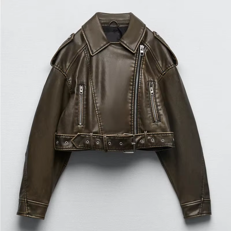 Veste courte Vintage en Faux cuir Pu pour femme, ample, avec ceinture, Streetwear, fermeture éclair,