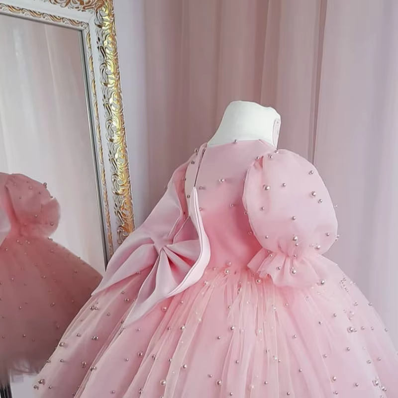 Robe de princesse tutu perlée pour bébé fille, manches bouffantes, nœud en tulle, vêtements de fête 