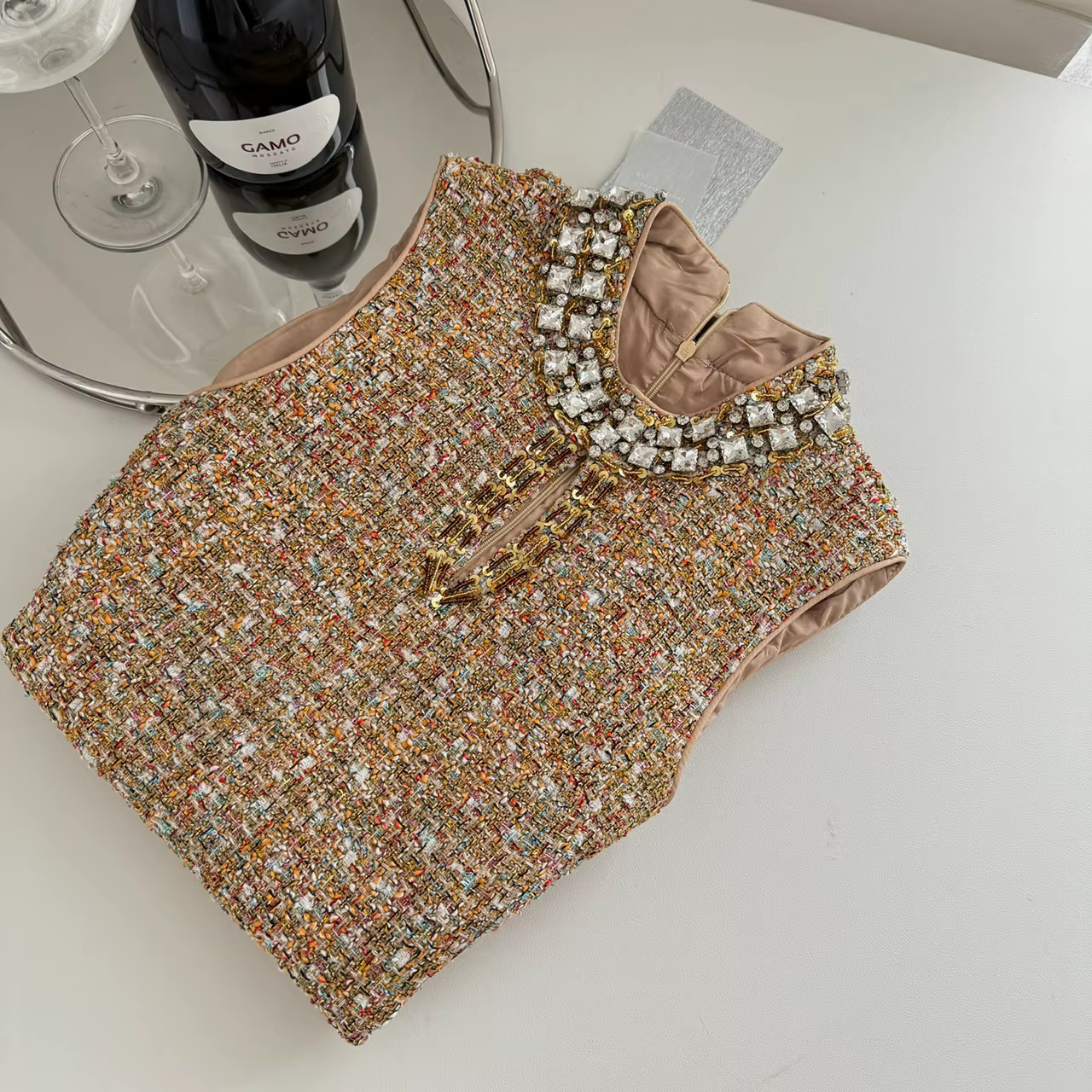 Mini robe de luxe en Tweed pour jeunes filles, couleur Vintage, douce, diamants, sans manches, tissa