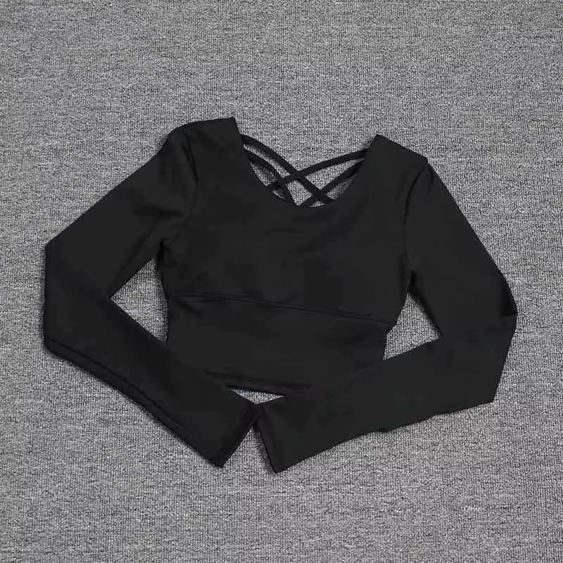 Dos creux pour femme avec soutien-gorge intégré, haut de yoga à manches longues, soutien-gorge une p