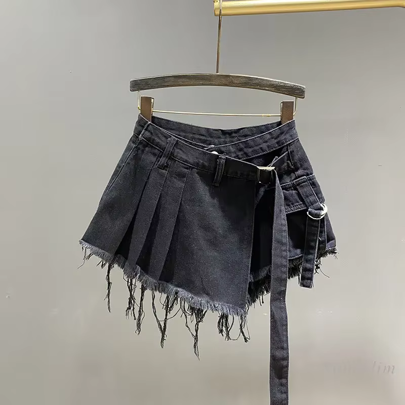 Mini jupe en jean rose irrégulière pour femme, taille haute, amincissante, faux deux pièces, vêtemen