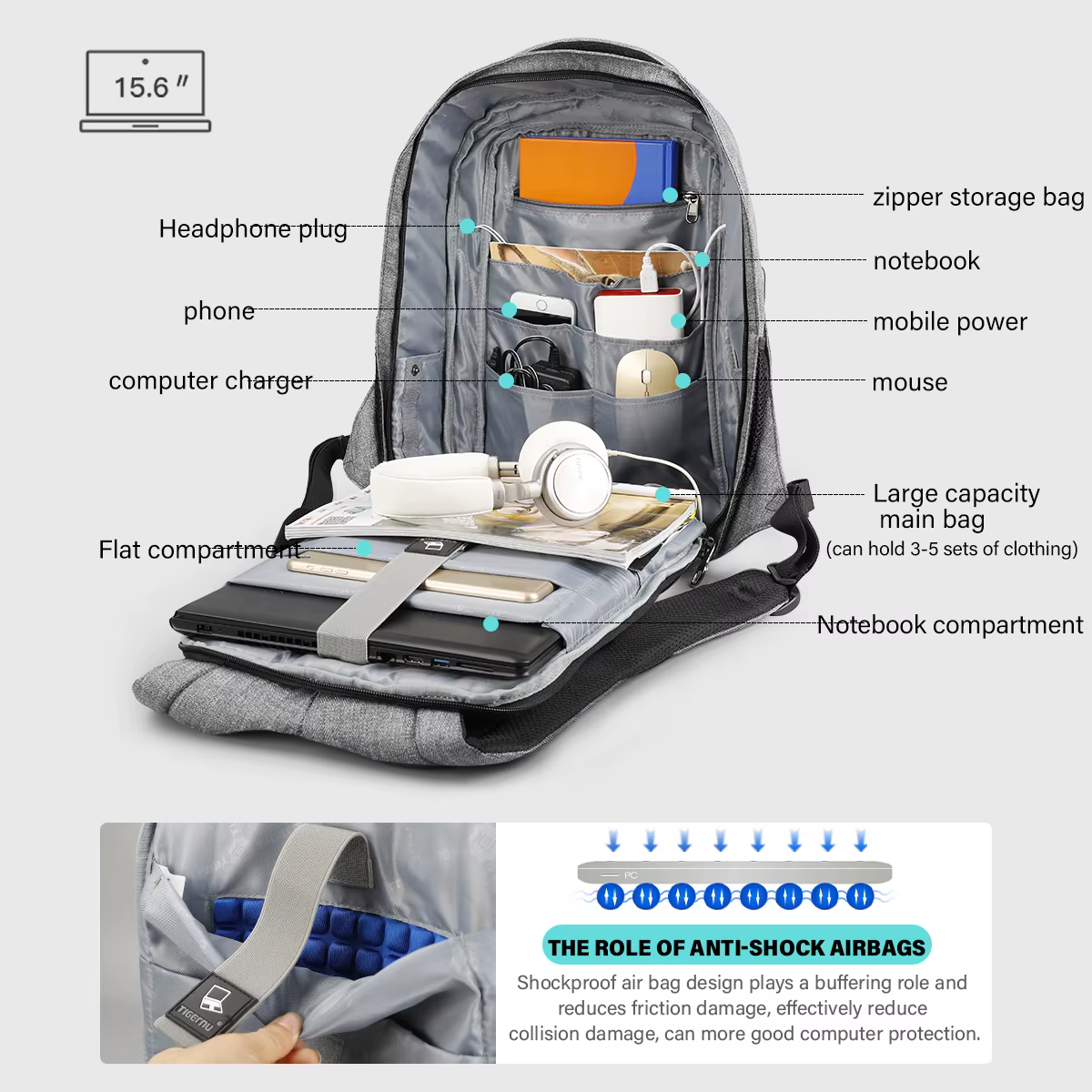 Tigernu hommes Anti-vol sac à dos 15.6 pouces sac à dos pour ordinateur portable sacs avec Port USB 