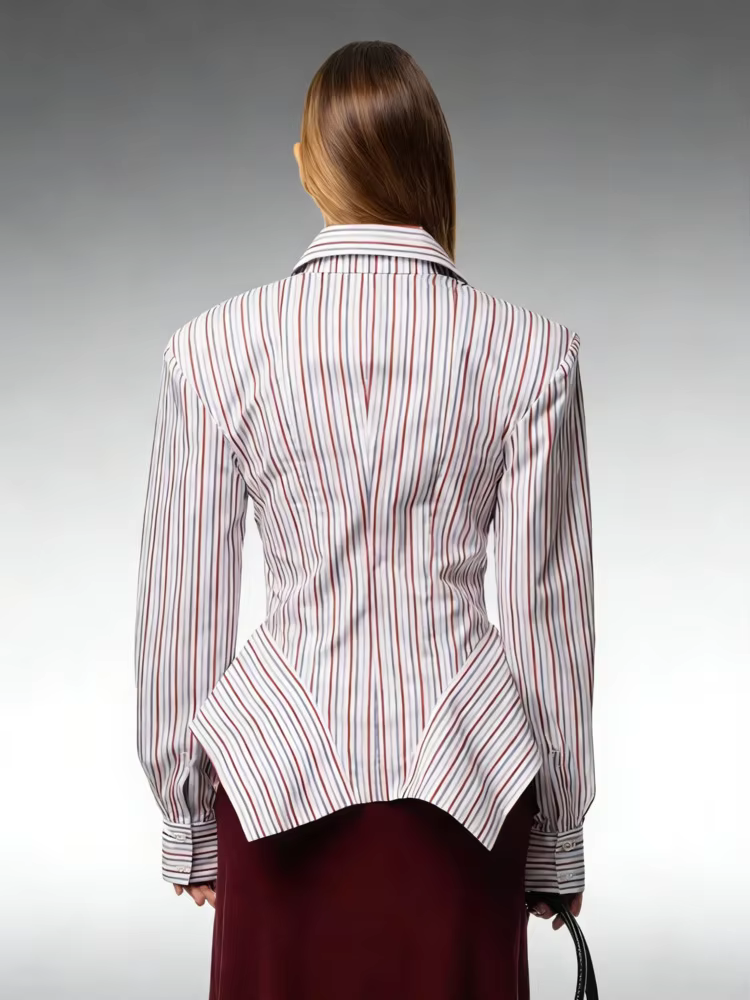Chemisier rayé élégant DFDG pour femme, collection Printemps-Été 2026, col pointu, manches longues, 