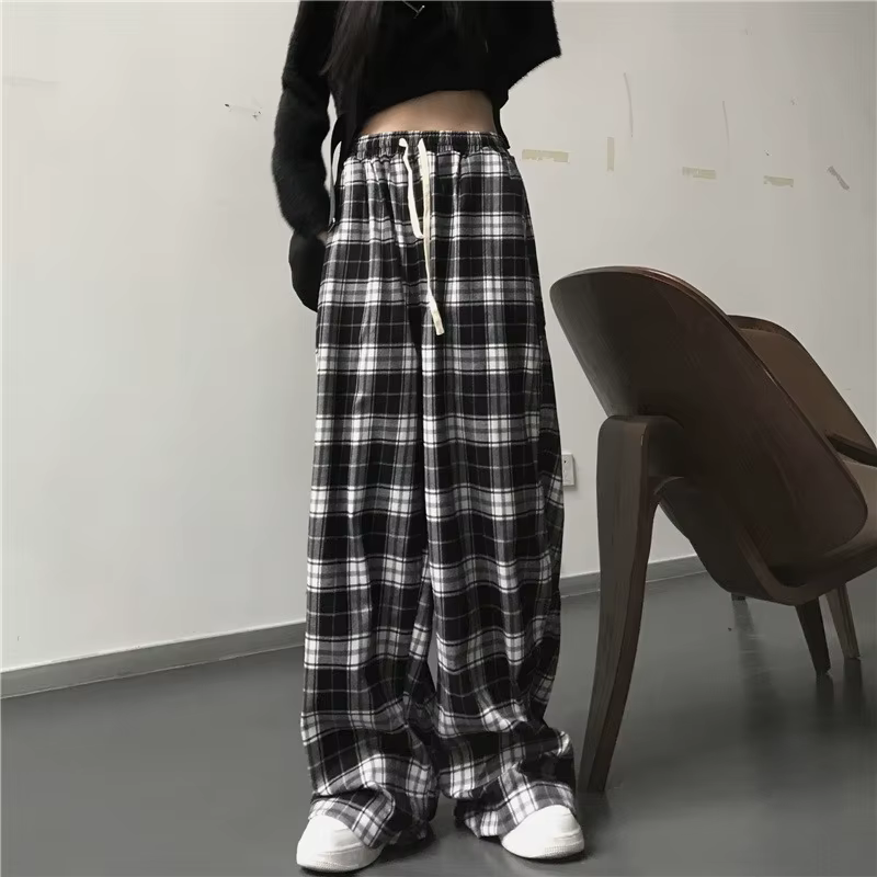 Pantalon de survêtement oversize pour femme, motif écossais noir, décontracté, coupe ample, taille é