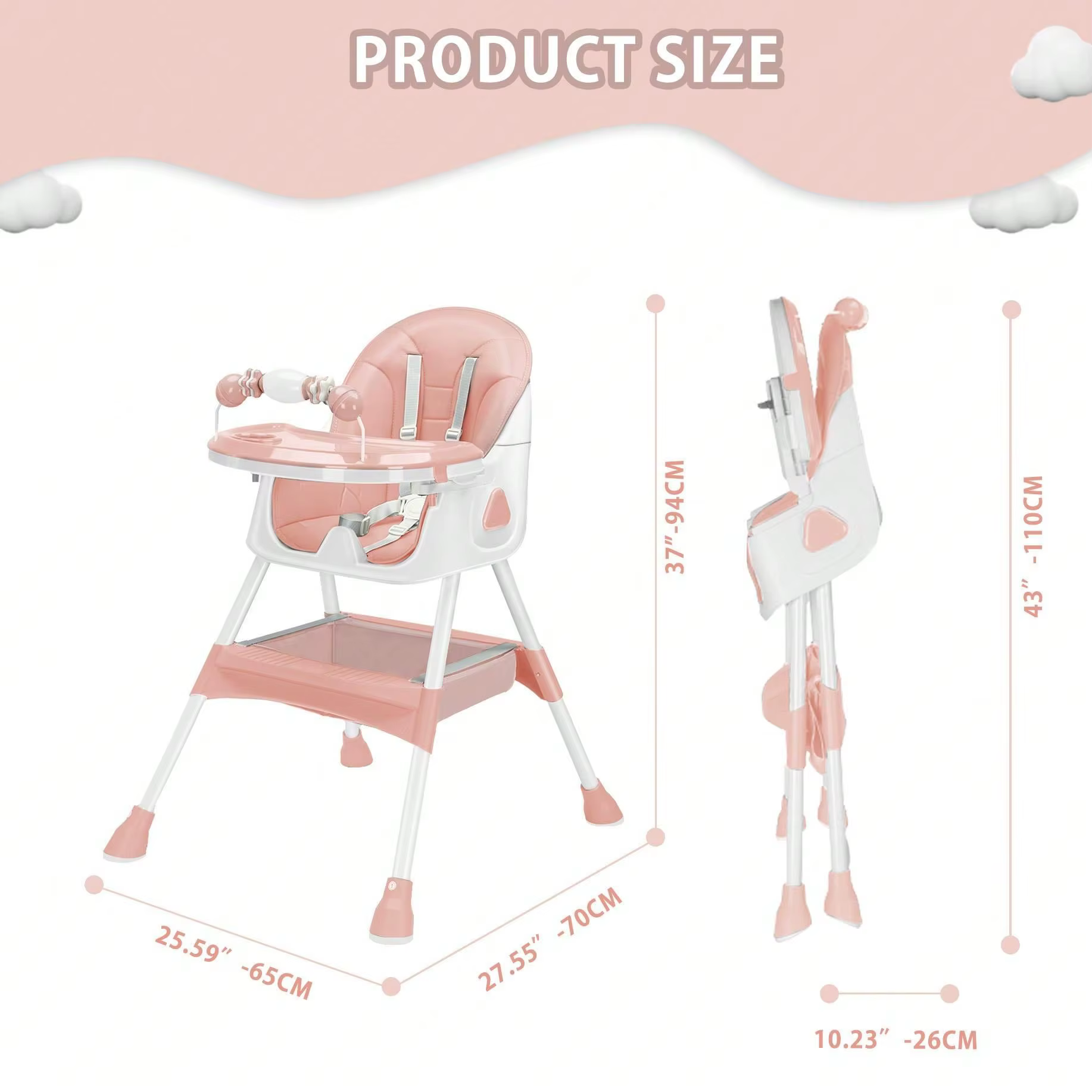Chaise haute bébé 3 en 1, chaise haute pliable et réglable pour bébés avec plateau amovible, ceintur