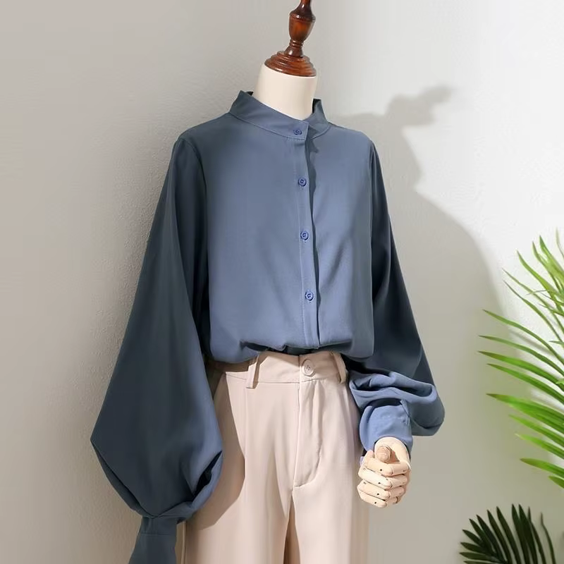 Chemise à manches longues lanterne pour femme, chemisiers de style printemps et automne, col montant