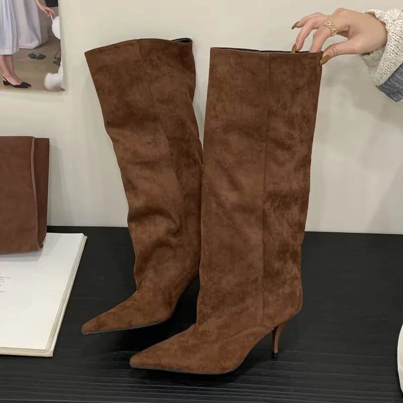 Eilyken mode Vintage talons fins femmes genou bottes hautes mode hiver Sexy bout pointu décapant cha