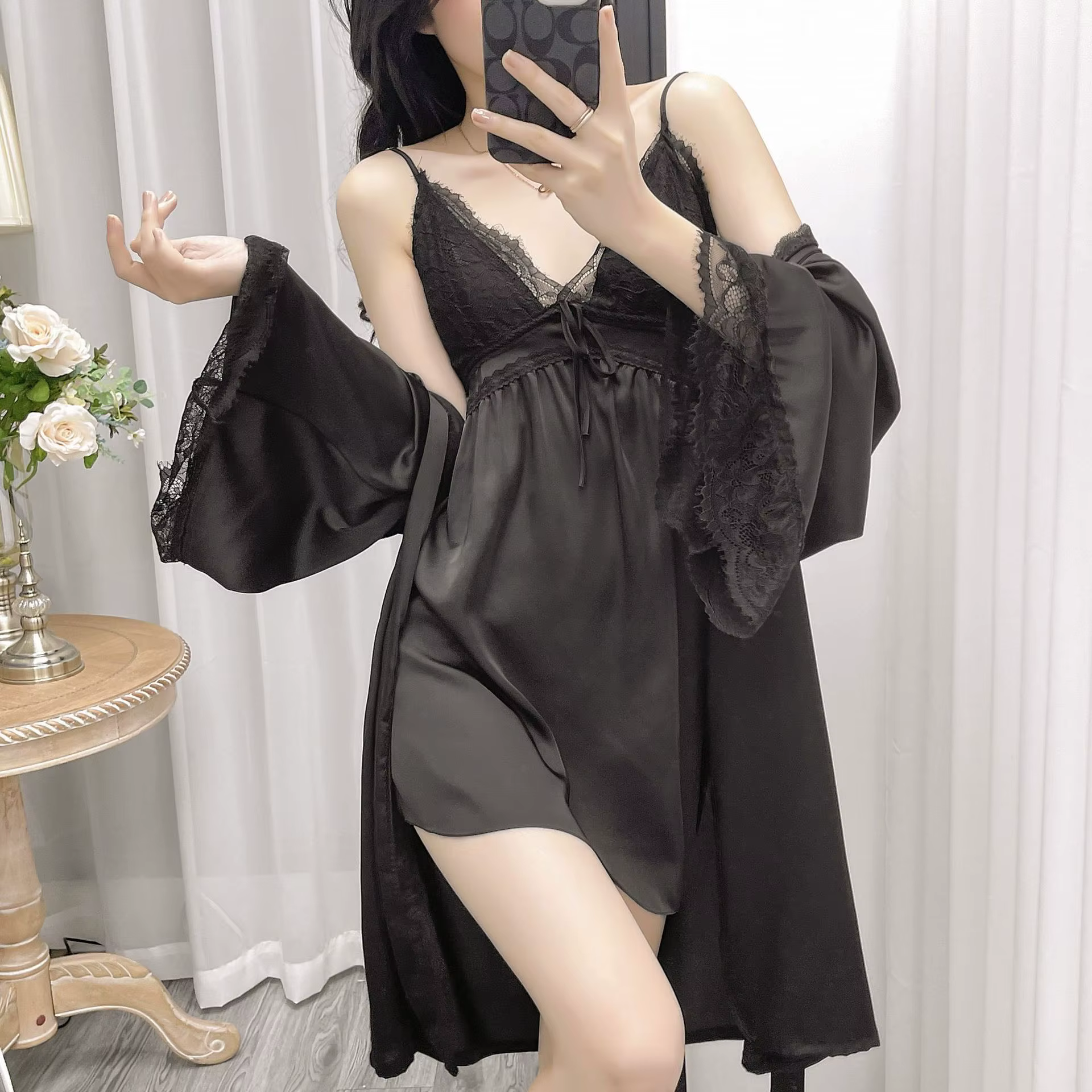 Nouveau Sexy 2 pièces Robe ensemble femmes chemise de nuit col en v dentelle Kimono Robe Homewear da