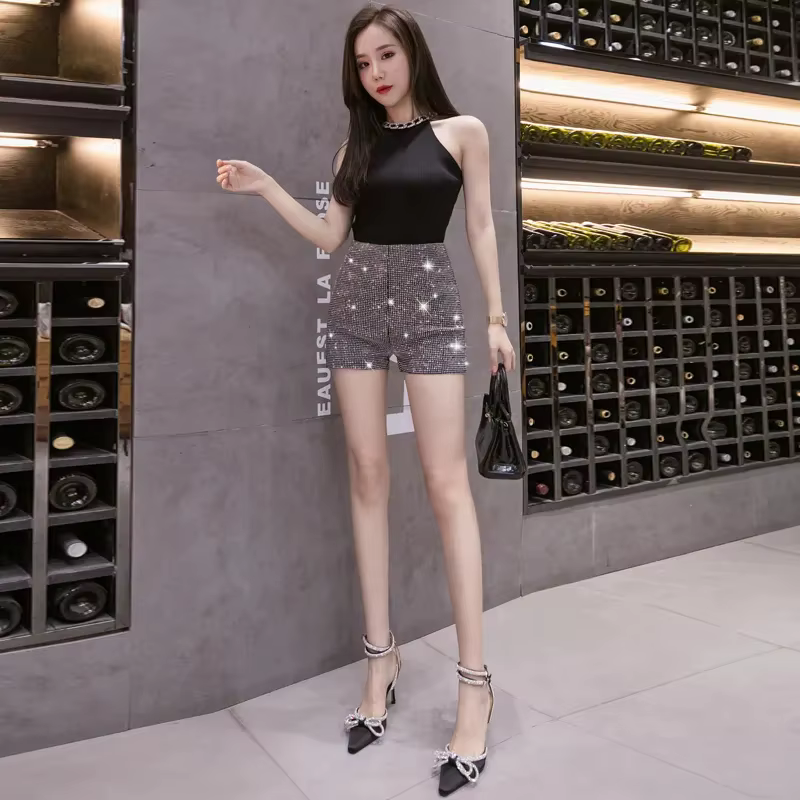 Short élastique noir taille haute pour femmes, Streetwear, plein de diamants brillants, décontracté,