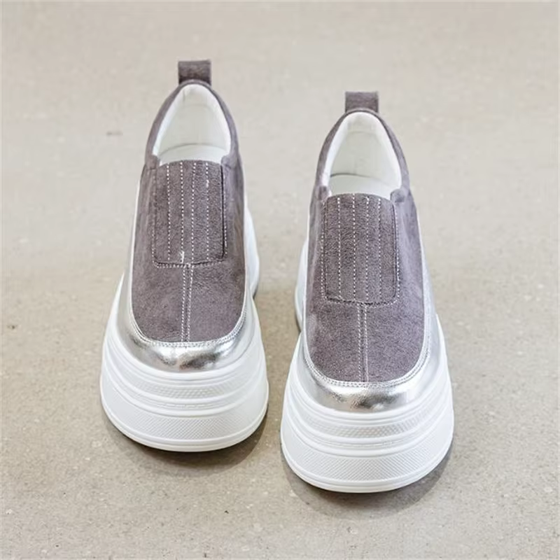 Chaussures à semelles compensées en cuir véritable, baskets épaisses à tête ronde de couleur unie, m