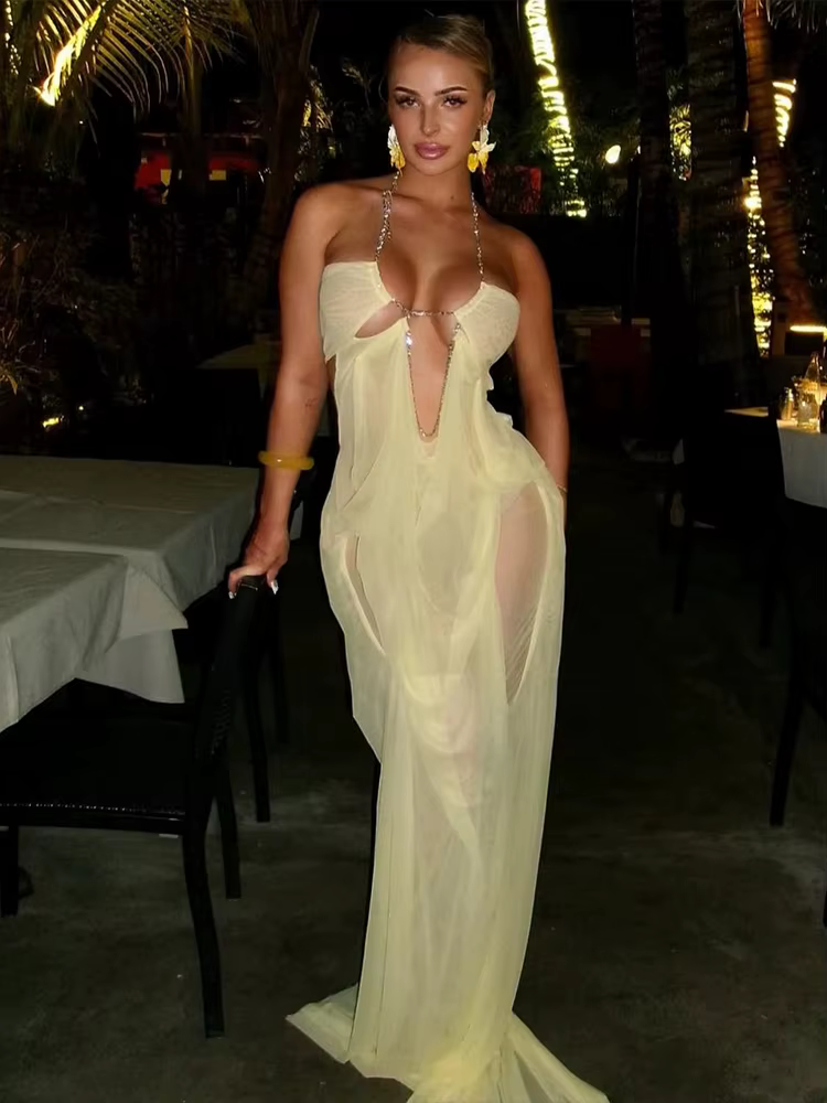 Nibber Bal Robe De Soirée Femme Sexy Voir À Travers De Luxe Chaîne Halter Col Bas Dos Nu Sans Manche