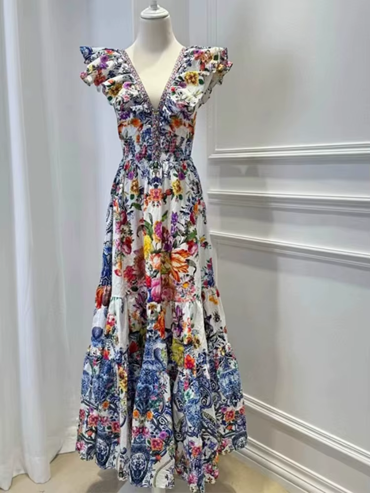 Robe rétro sexy à col en V profond pour femmes, manches Feifei imprimées, jupe haute, nouvelle robe