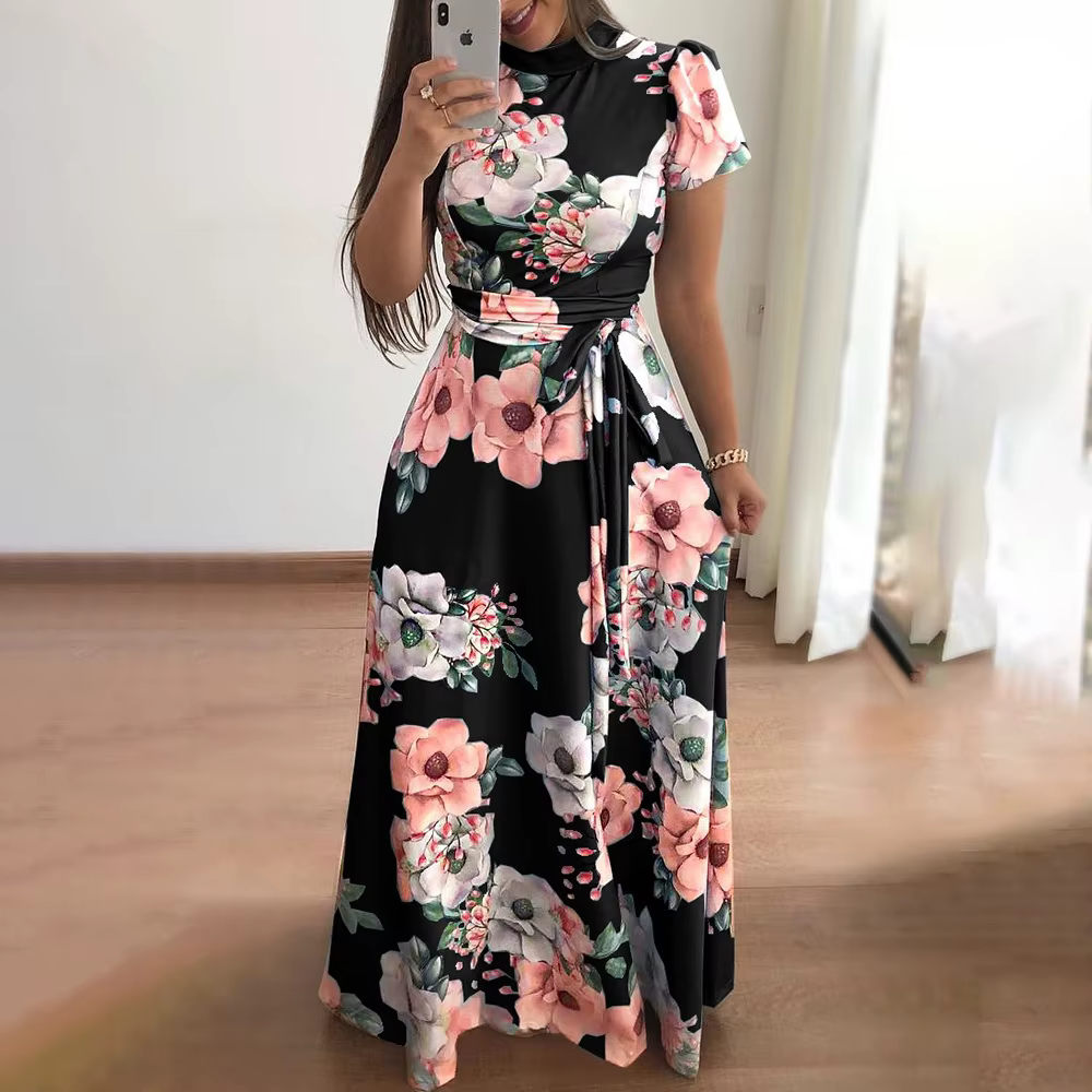 Robe d'été à imprimé Floral pour femmes, nouvelle robe trapèze Boho à manches courtes, robe Maxi flu