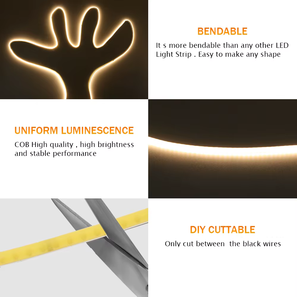 Bande LED COB PCB 3mm 5mm 8mm, 5V 12V 24V 320LED s/m, haute densité RA90, ruban LED COB Flexible, éc