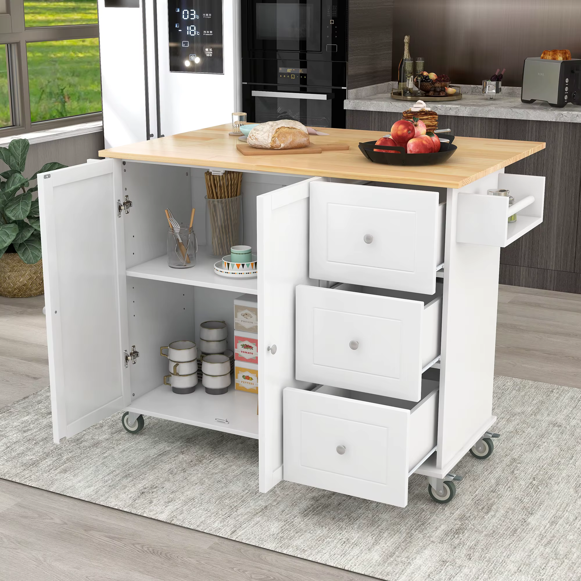 Îlot de cuisine mobile roulant avec plateau en bois massif et roues de verrouillage, armoire de rang
