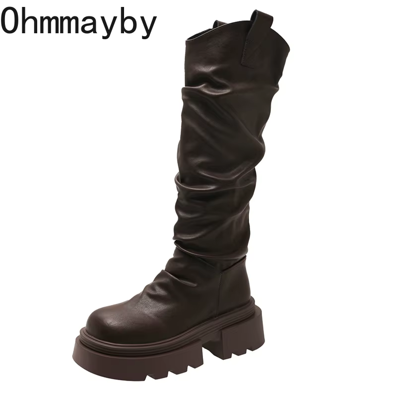 Automne hiver plate-forme fond épais femmes bottes longues mode sans lacet chaussures Vintage dames 