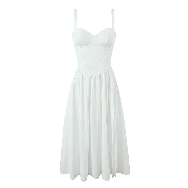 YENKYE-Robe trapèze mi-longue à lacets pour femme, robe en coton, robe fendue sur le devant, robe de