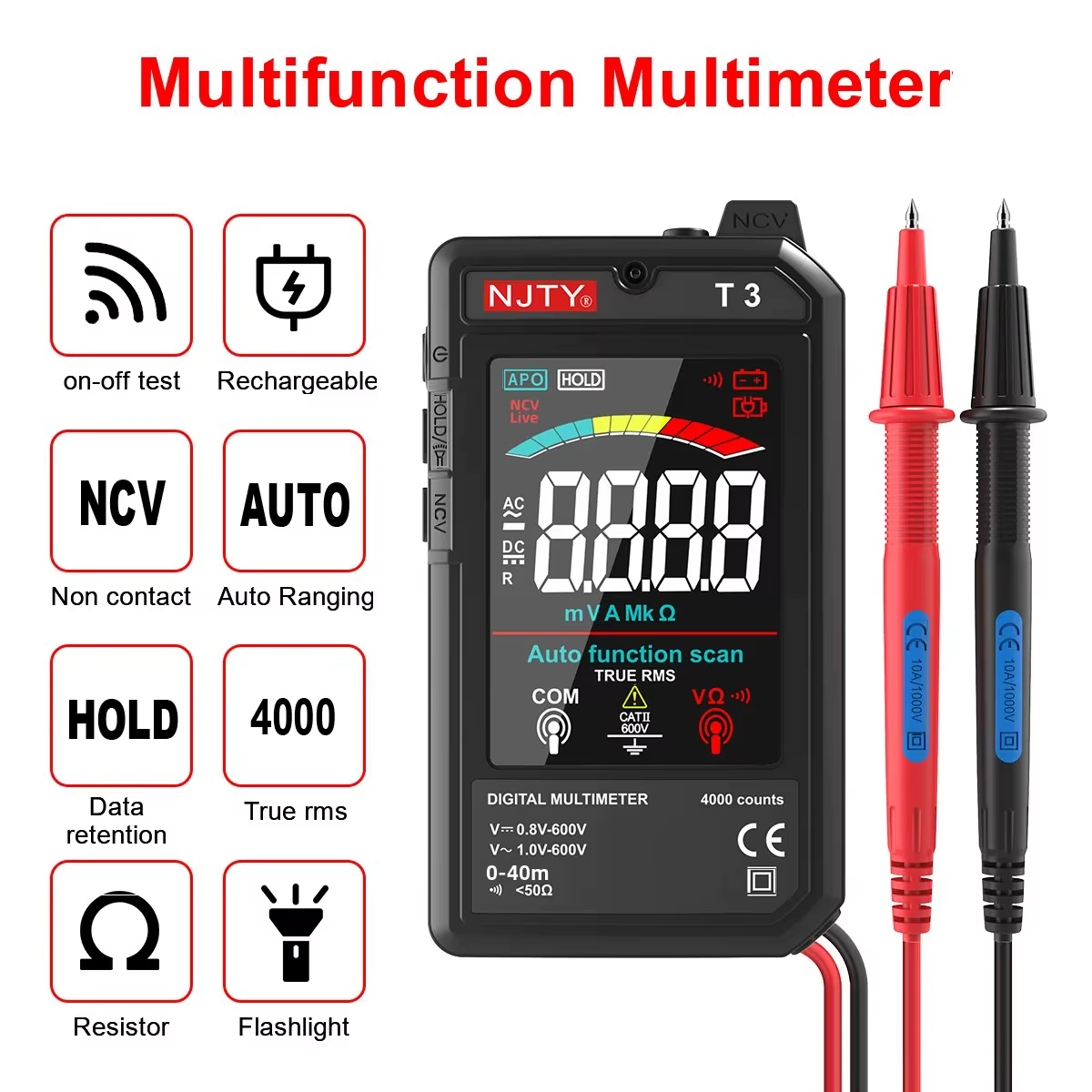 NJTY T3 multimètre numérique intelligent type-c charge automatique 4000 points Ultra-mince NCV fil s
