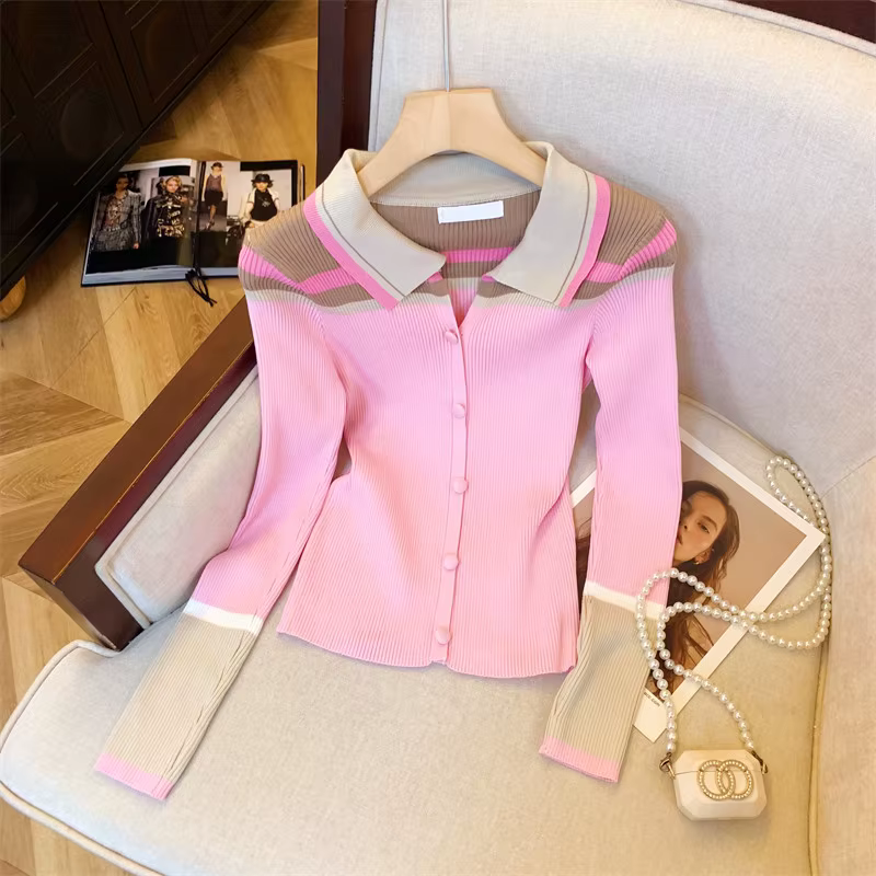 ​ ​ Cardigan ajusté doux en tricot, Style Blazer rose élégant, col contrasté, vêtements de bureau po
