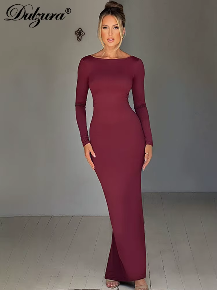 Dulzura – robe Maxi froncée, dos nu, couleur unie, automne-hiver, vêtements pour femmes, Sexy, éléga