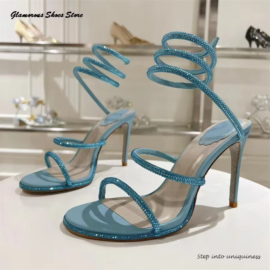 Sandales en cuir à lanières ornées de cristaux, bout rond et ouvert, talons hauts fins, chaussures d
