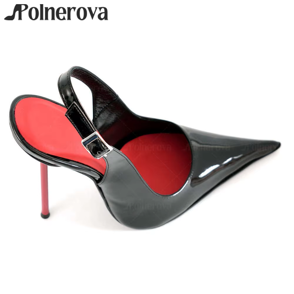 Escarpins Slingback en cuir verni noir, bout pointu, talons hauts Sexy, escarpins de Style à la mode