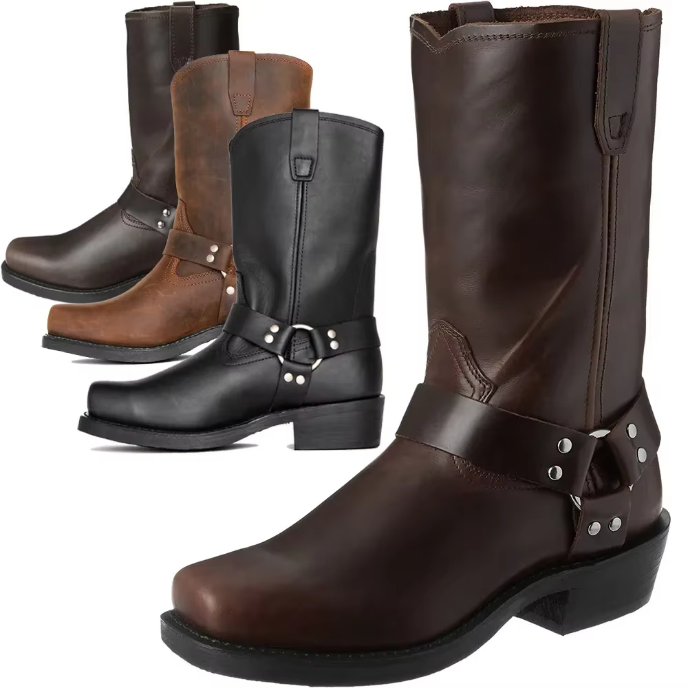 Bottes de cowboy rétro pour hommes, bottes western mi-mollet en cuir PU, chaussures à enfiler pour h